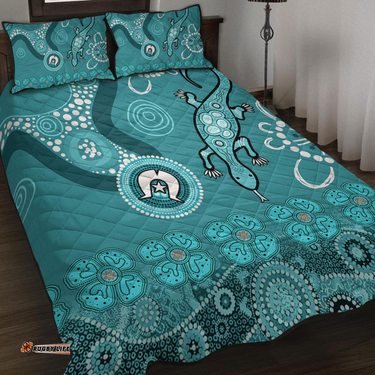 Australia Goanna Aboriginal Quilt Bed Set - Indigenous Dot Goanna Teal Blue Quilt Bed Set