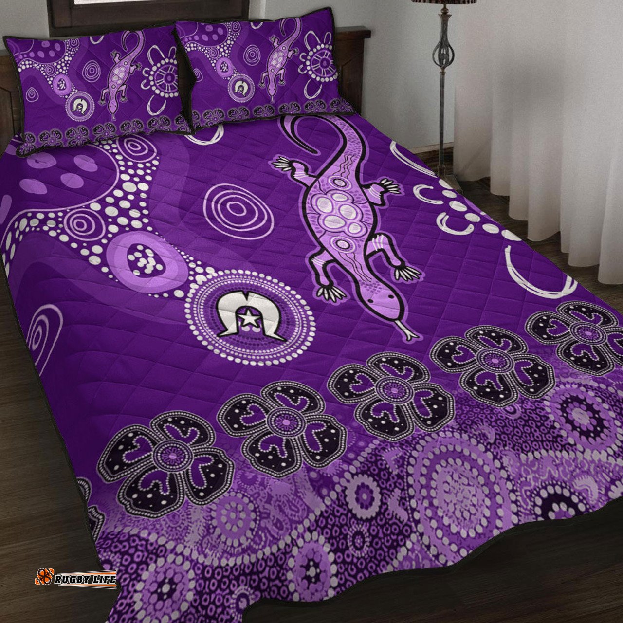 Australia Goanna Aboriginal Quilt Bed Set - Indigenous Dot Goanna Purple Quilt Bed Set