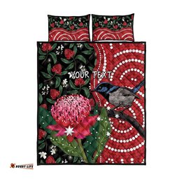 Personalised Australia Waratah And Superb Fairywren Quilt Bed Set Aboriginal Art