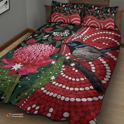 Personalised Australia Waratah And Superb Fairywren Quilt Bed Set Aboriginal Art