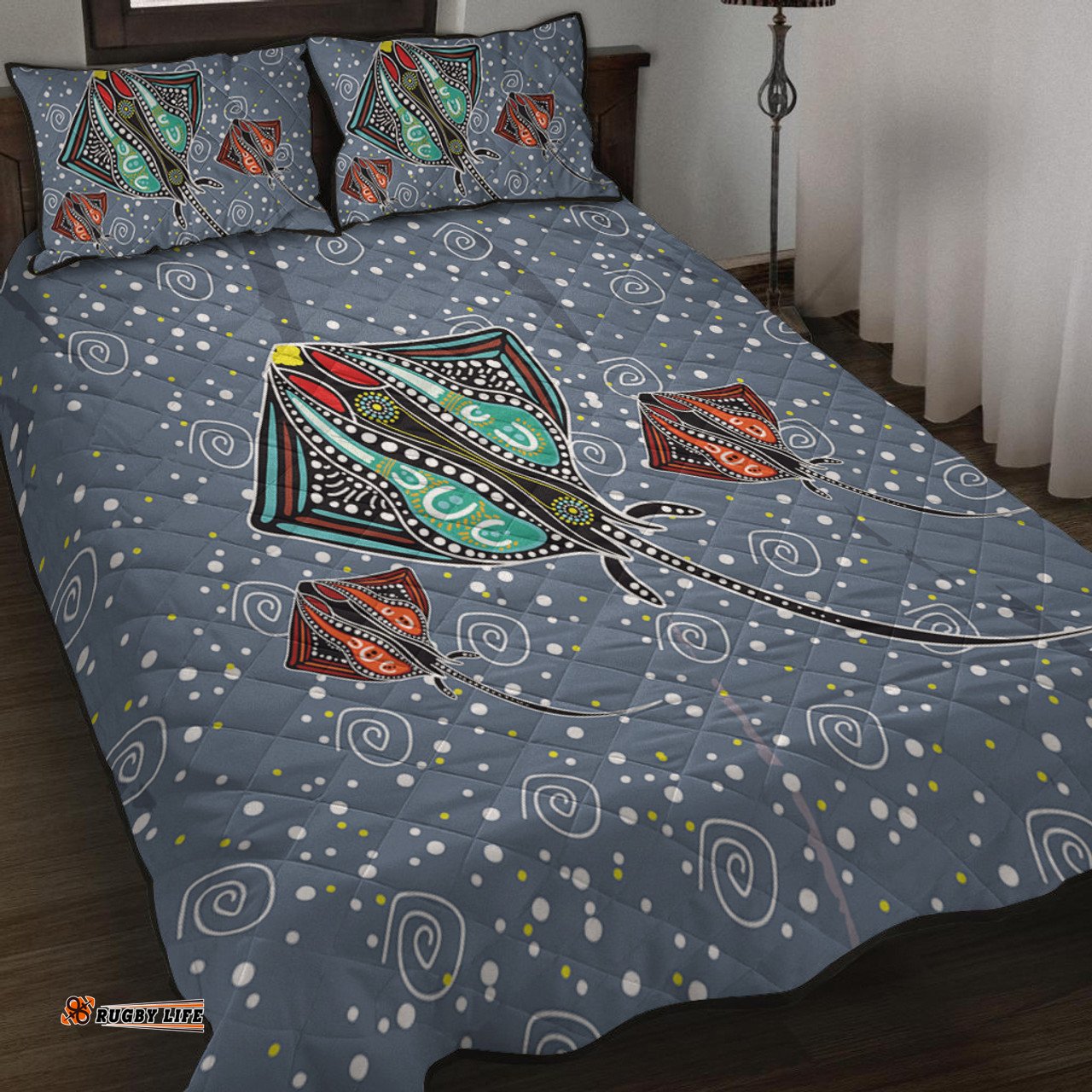 Australia Aboriginal Quilt Bed Set - Stingray Art In Aboriginal Dot Style Inspired Quilt Bed Set