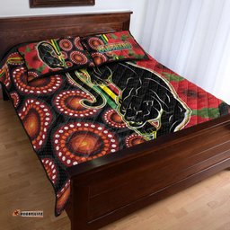 Penrith Panthers Quilt Bed Set - Aboriginal Inspired Penrith Panthers Anzac Day Panther With Poppy Flower Quilt Bed Set