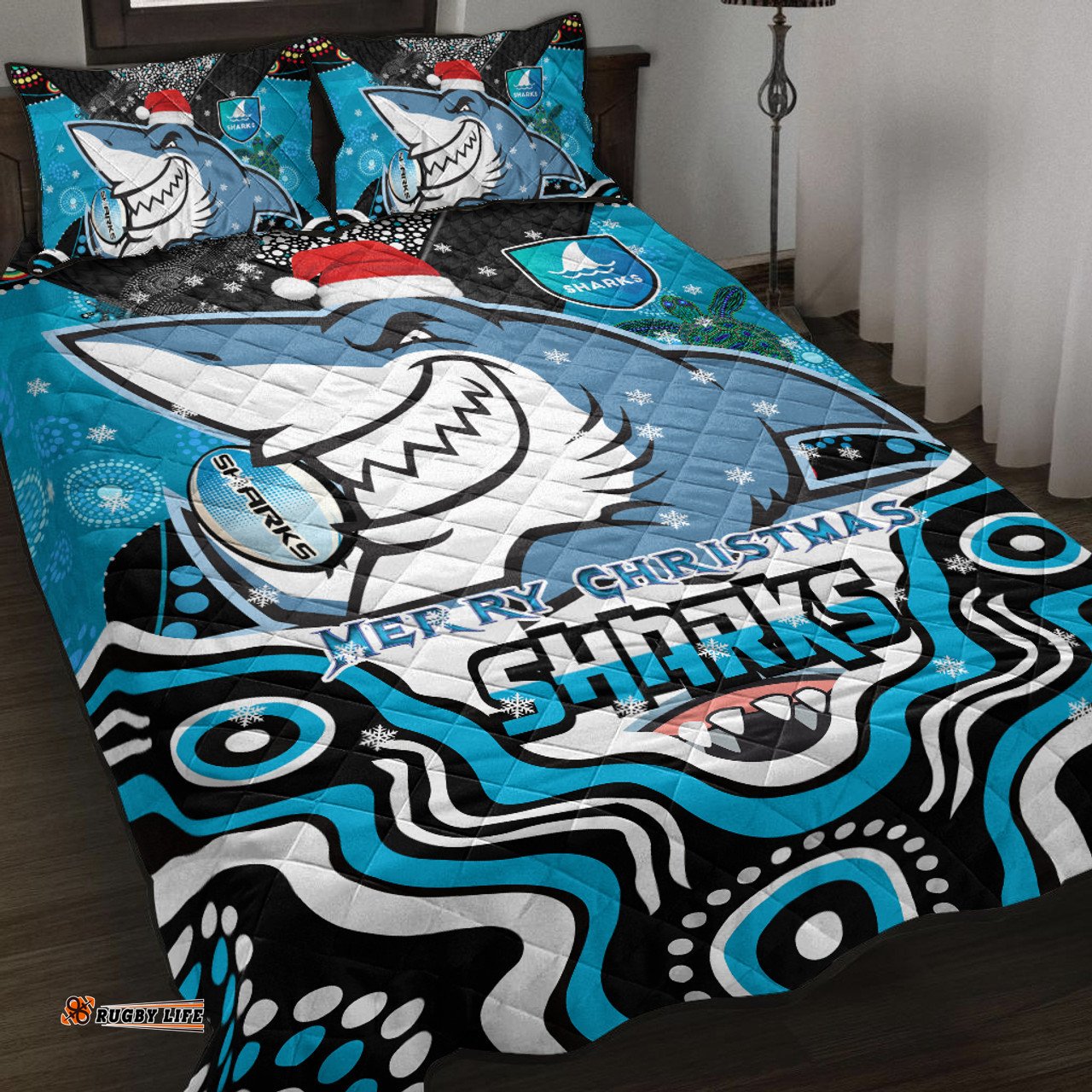 Cronulla-Sutherland Sharks Christmas Quilt Bed Set - Custom Christmas Super Sharkies Indigenous
