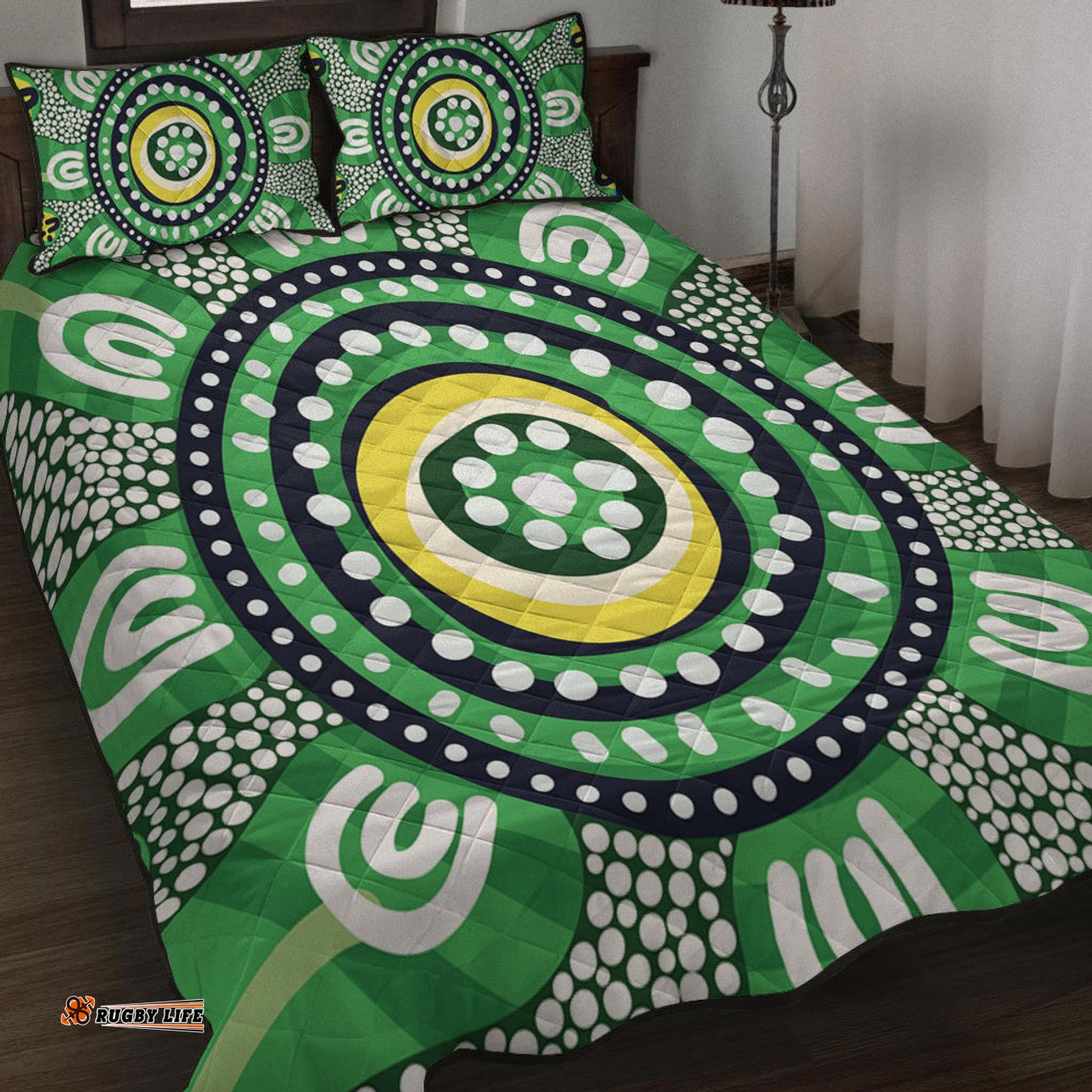 Australia Dot Painting Inspired Aboriginal Quilt Bed Set - Green Aboriginal Inspired Dot Art Quilt Bed Set