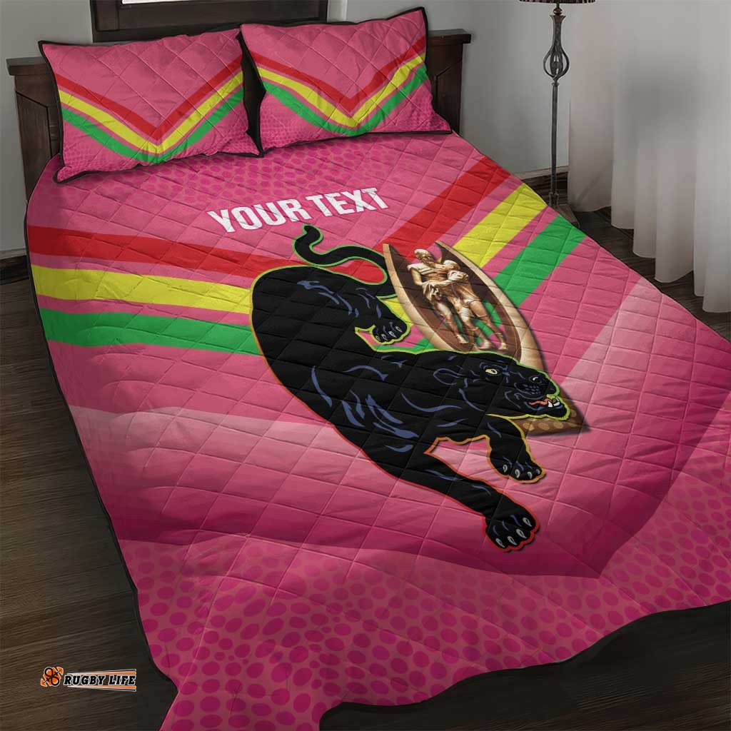 Personalised Panthers Rugby 2024 Quilt Bed Set Mascot With Trophy Go Champions Aboriginal Art Pink
