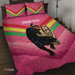 Personalised Panthers Rugby 2024 Quilt Bed Set Mascot With Trophy Go Champions Aboriginal Art Pink