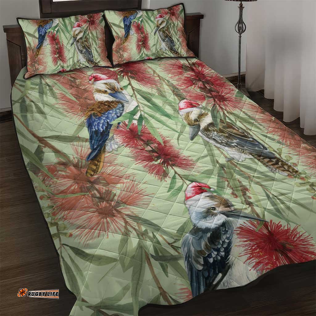 Australia Christmas Quilt Bed Set Kookaburra Santa on Callistemon Pastel