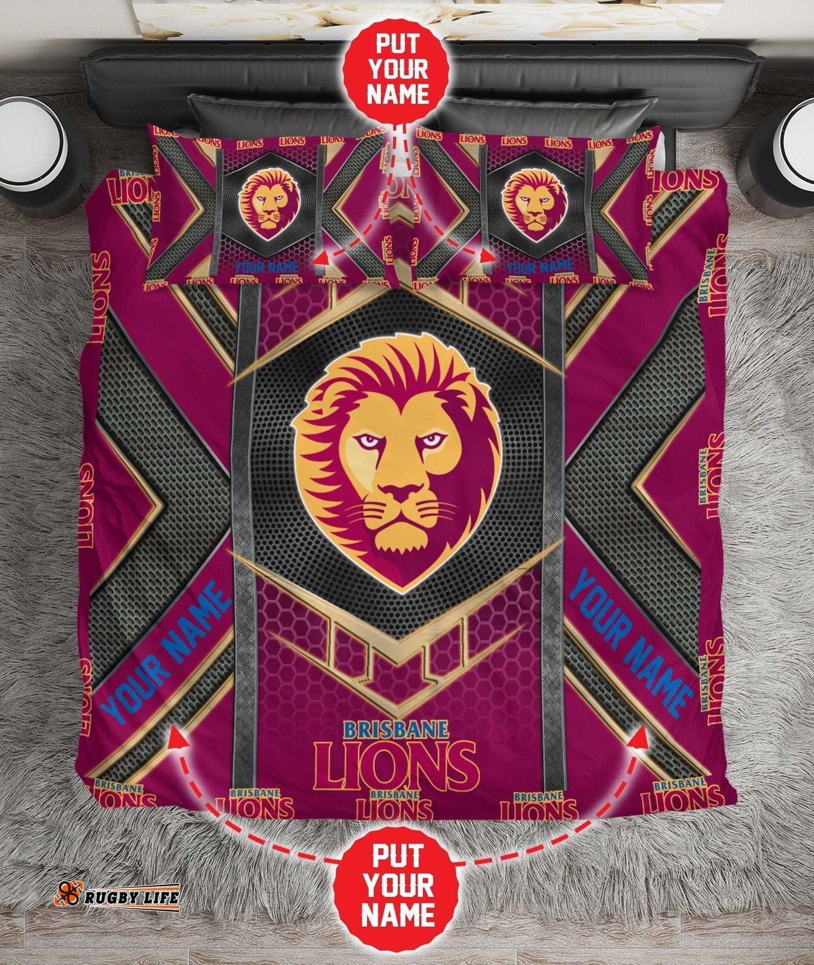 Personalised Brisbane Lions Limited Edition Quilt Bed Set AFL Metal