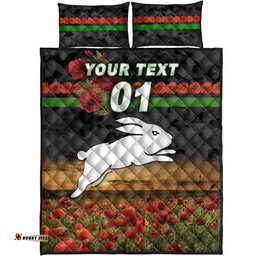 Custom Personalised South Sydney Rabbitohs ANZAC Quilt Bed Set Poppy Flowers Vibes Black