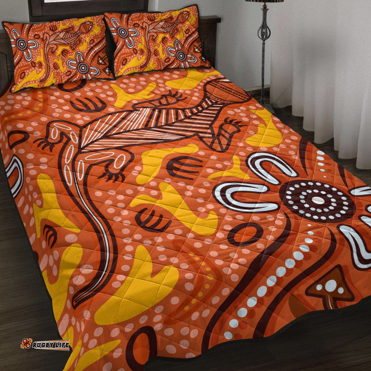 Australia Aboriginal Inspired Quilt Bed Set - Orange Lizard Aboriginal Inspired Dot Painting Style