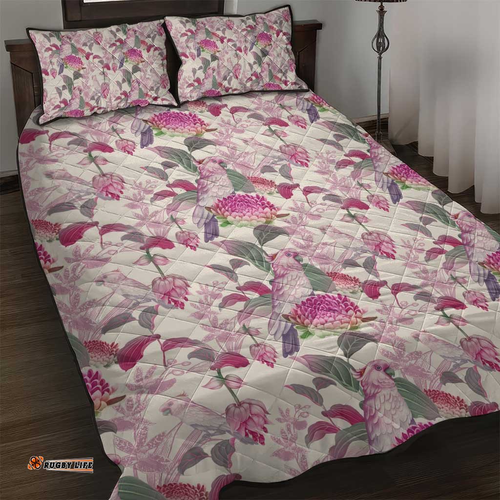 Pink Cockatoo Australia Quilt Bed Set Tropical Flowers Seamless Pattern