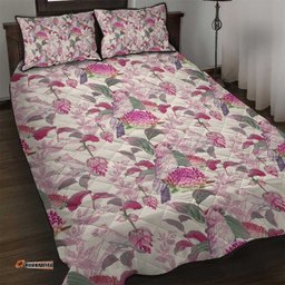 Pink Cockatoo Australia Quilt Bed Set Tropical Flowers Seamless Pattern
