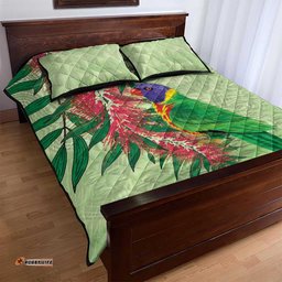 Australia Bottlebrush And Lorikeets Quilt Bed Set Aboriginal Art Watercolor Style