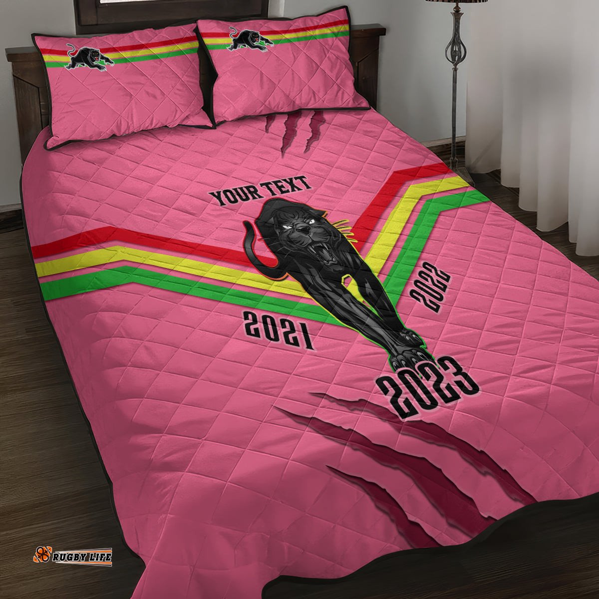 Personalised NRL Panthers Quilt Bed Set Premiers Three Peat Proud Of Our Boys Pink