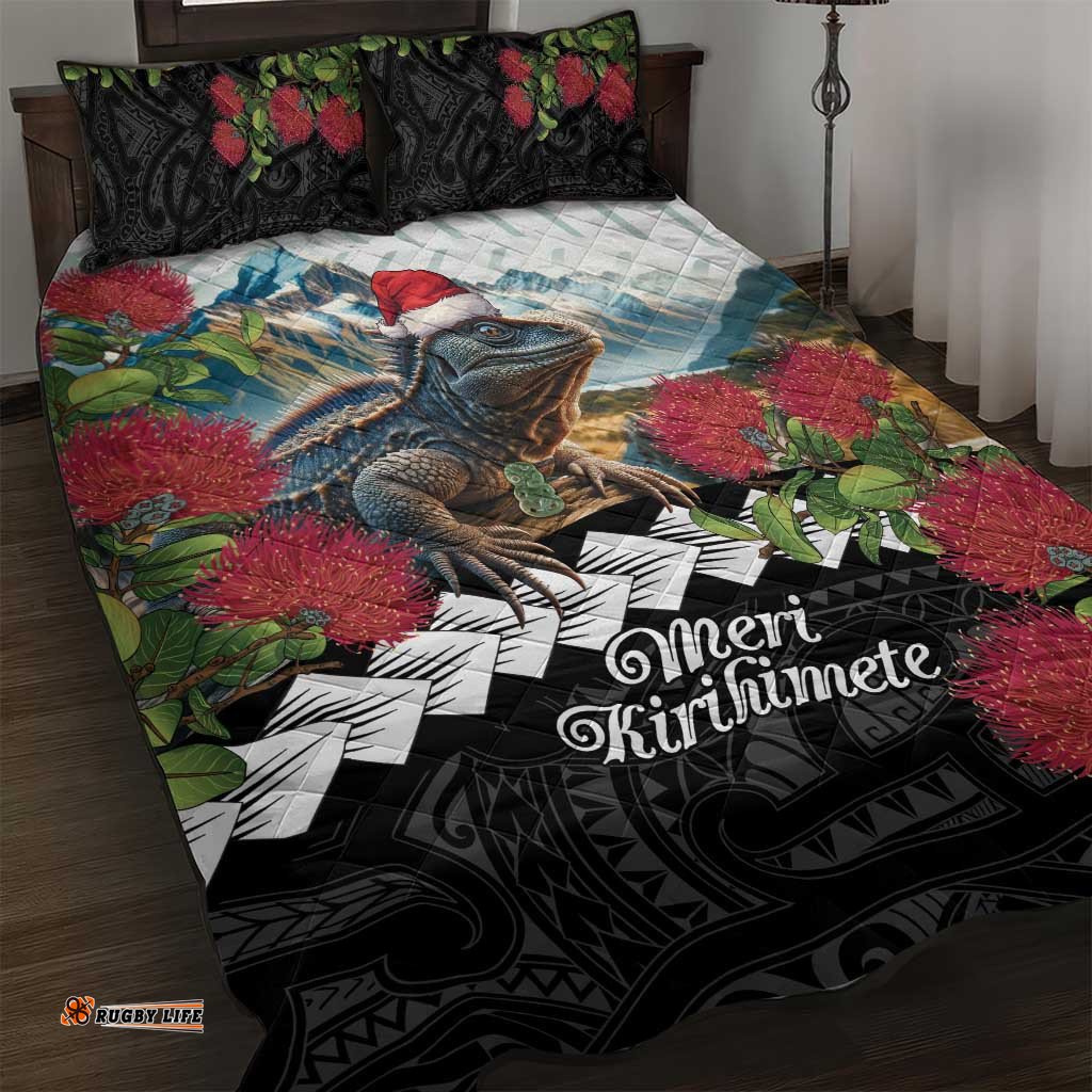 Meri Kirihimete Tuatara Quilt Bed Set New Zealand Fern with Puhutukawa Flowers
