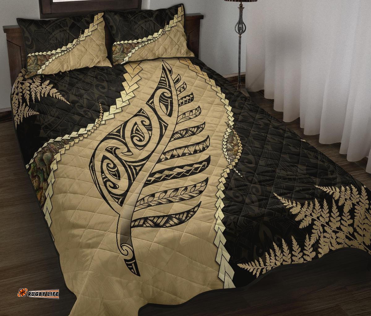 Paua Shell Maori Silver Fern Quilt Bed Set, Tan