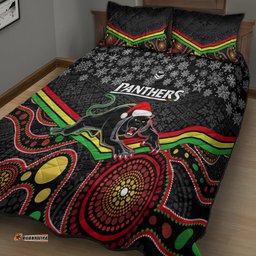 Panthers Rugby Christmas Quilt Bed Set Merry Xmas Mix Aboriginal Art Black Version
