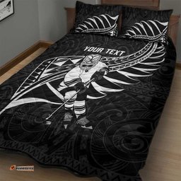 Custom Aotearoa Ice Hockey Quilt Bed Set NZ Tiki Mascot Maori Pattern
