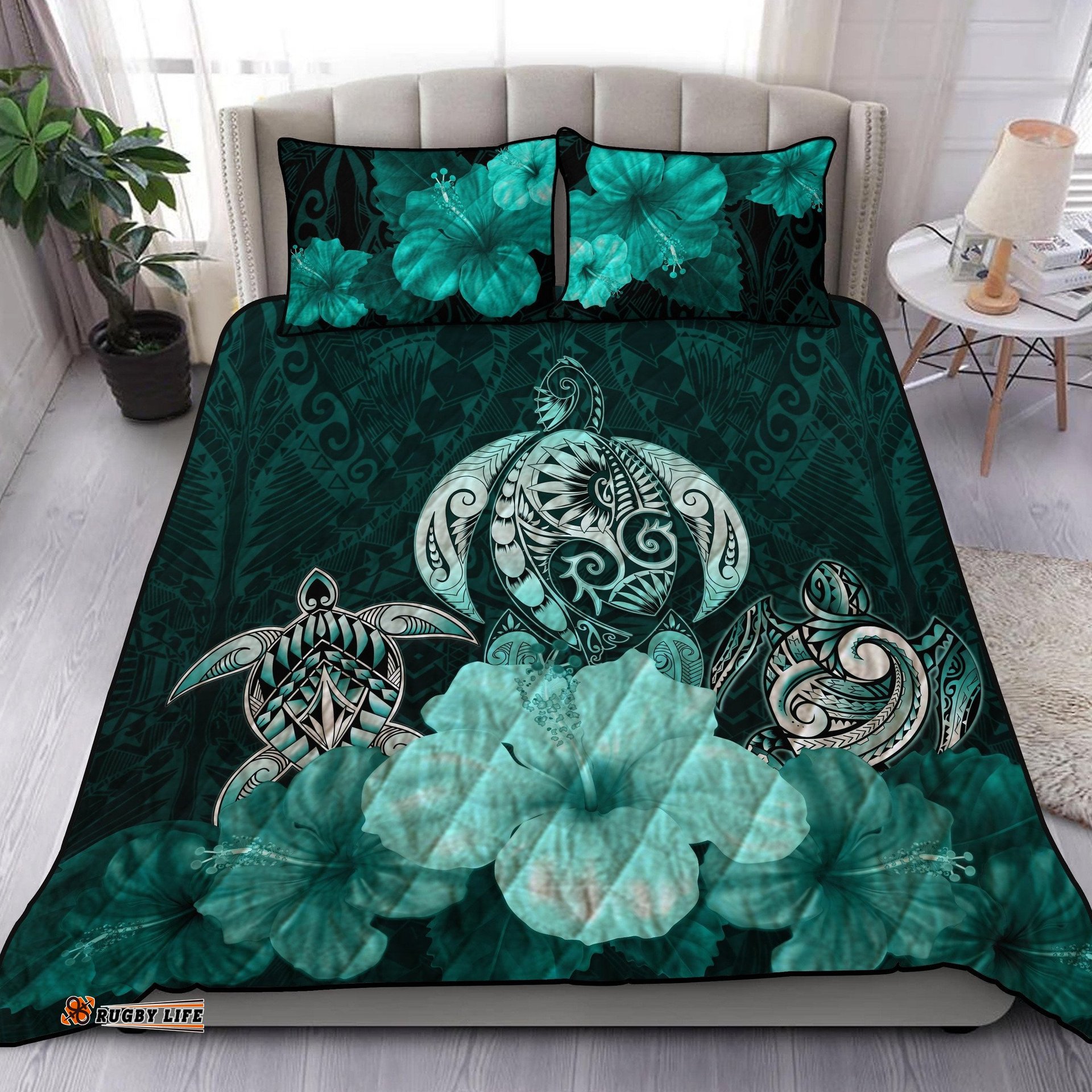 Three Turtle Polynesian Quilt Bed Set Hibiscus
