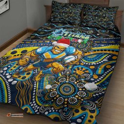 Merry Christmas Gold Coast Titans Quilt Bed Set Aboriginal Santa Rugby Mascot Light Blue