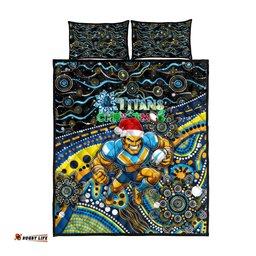 Merry Christmas Gold Coast Titans Quilt Bed Set Aboriginal Santa Rugby Mascot Light Blue