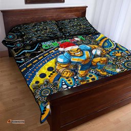 Merry Christmas Gold Coast Titans Quilt Bed Set Aboriginal Santa Rugby Mascot Light Blue