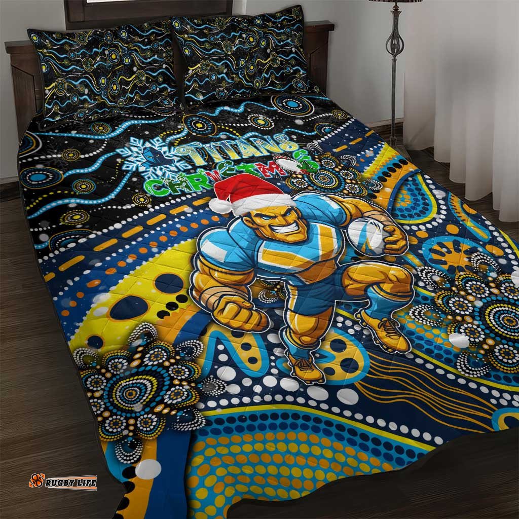 Merry Christmas Gold Coast Titans Quilt Bed Set Aboriginal Santa Rugby Mascot Light Blue
