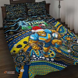 Merry Christmas Gold Coast Titans Quilt Bed Set Aboriginal Santa Rugby Mascot Light Blue
