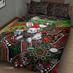 Merry Christmas Rabbitohs Quilt Bed Set Aboriginal Santa Rugby Mascot South Sydney Bunnies