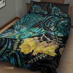New Zealand Fantail Bird Quilt Bed Set Maori Piwakawaka Kowhai Paua Shell Pattern