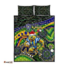Merry Christmas Eels Quilt Bed Set Aboriginal Santa Rugby Mascot Parramatta