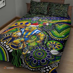 Merry Christmas Eels Quilt Bed Set Aboriginal Santa Rugby Mascot Parramatta