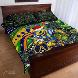 Merry Christmas Eels Quilt Bed Set Aboriginal Santa Rugby Mascot Parramatta