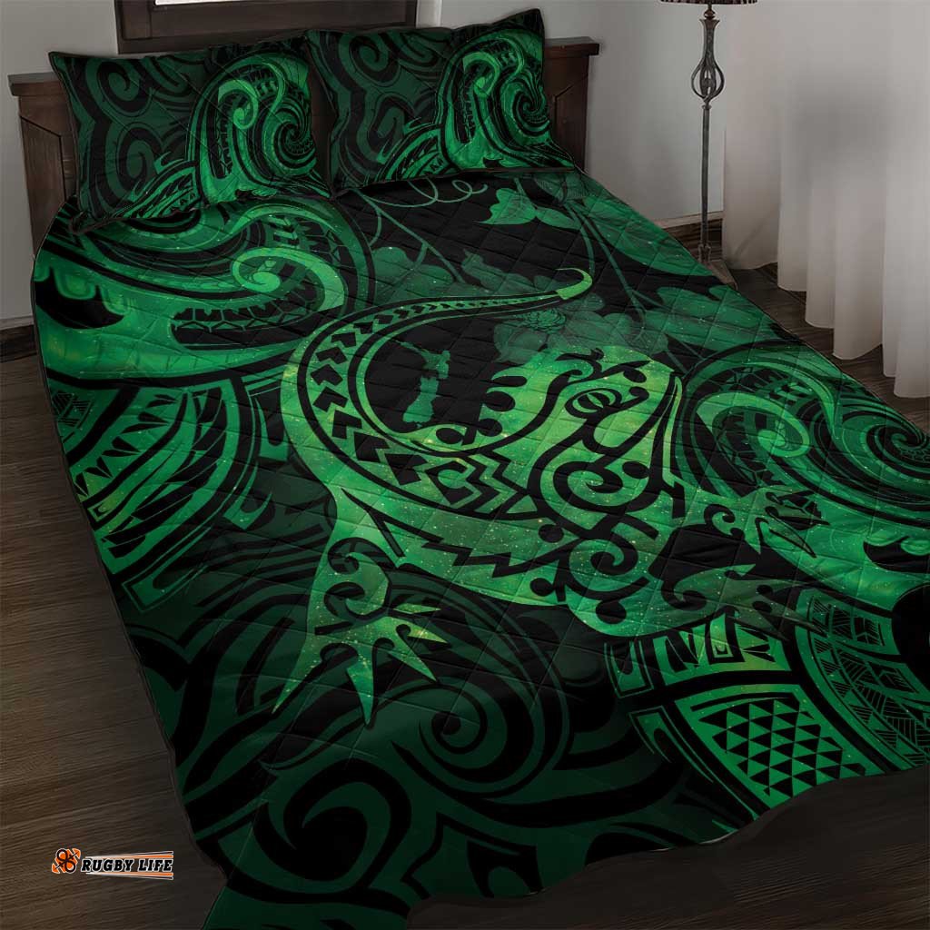 New Zealand Tuatara Quilt Bed Set Aotearoa Maori Clematis Flowers Green