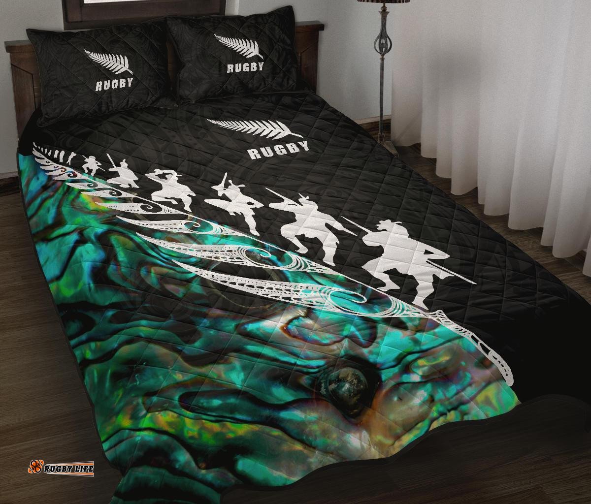 New Zealand Quilt Bed Set, Rugby Haka Fern Paua Shell Quilt And Pillow Cover