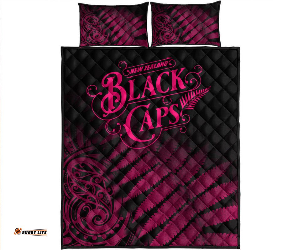 New Zealand Kiwis Cricket Team Quilt Bed Set Black Caps Silver Fern Mixed Maori Pattern Version Pink