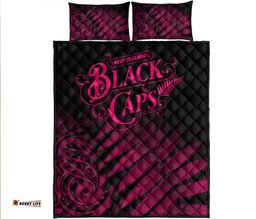 New Zealand Kiwis Cricket Team Quilt Bed Set Black Caps Silver Fern Mixed Maori Pattern Version Pink