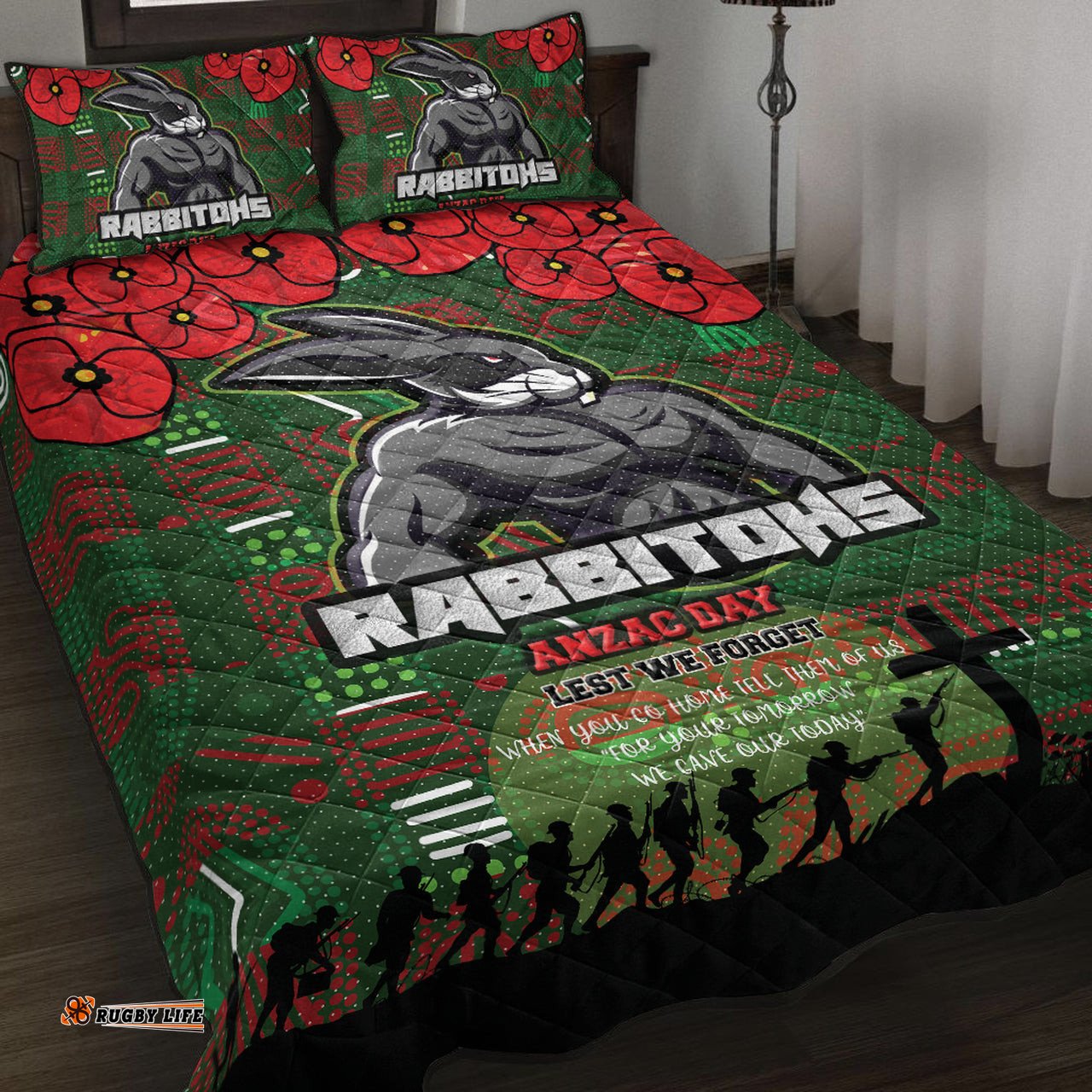 Rabbitohs Rugby Quilt Bed Set Aboriginal South Sydney Rabbitohs ANZAC '' Lest We Forget '' With Poppy Flower Quilt Bed Set