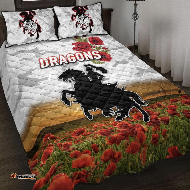 St. George Illawarra Dragons ANZAC Quilt Bed Set Poppy Flowers Vibes White