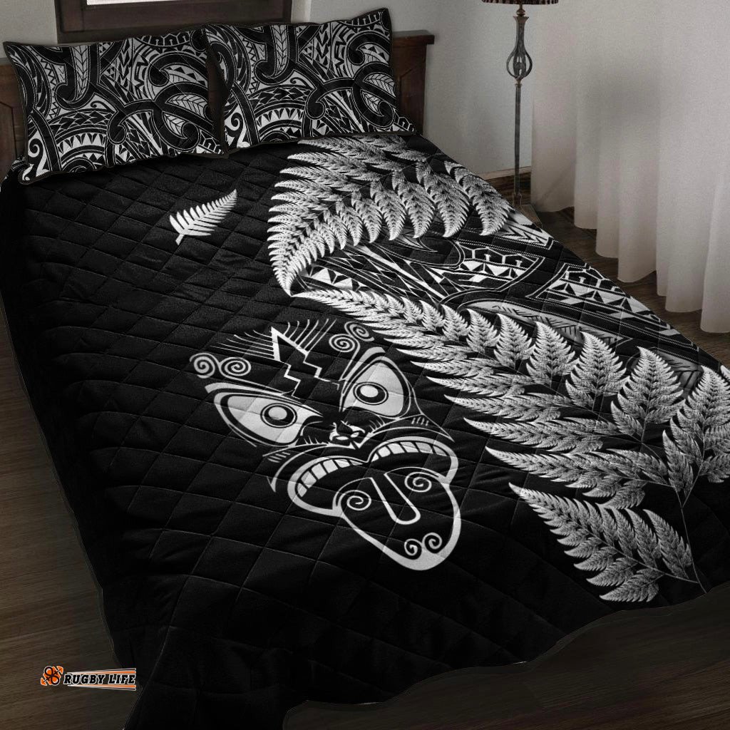 New Zealand Haka Rugby Maori Quilt Bed Set Silver Fern Vibes Black