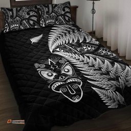 New Zealand Haka Rugby Maori Quilt Bed Set Silver Fern Vibes Black