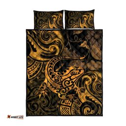 New Zealand Tuatara Quilt Bed Set Aotearoa Maori Clematis Flowers Gold