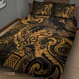 New Zealand Tuatara Quilt Bed Set Aotearoa Maori Clematis Flowers Gold