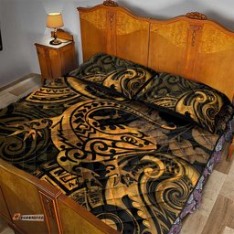 New Zealand Tuatara Quilt Bed Set Aotearoa Maori Clematis Flowers Gold