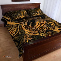 New Zealand Tuatara Quilt Bed Set Aotearoa Maori Clematis Flowers Gold