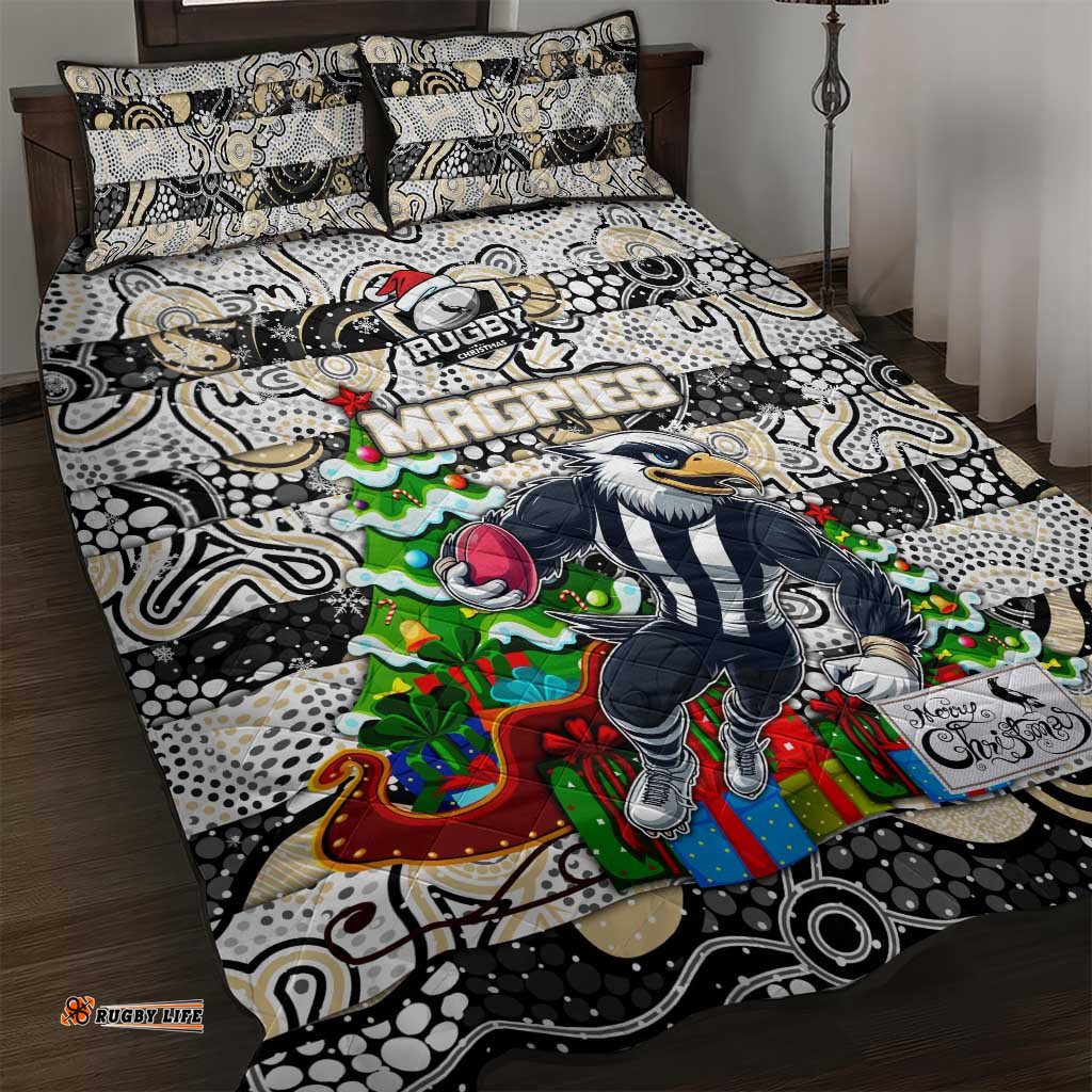 Magpies Football Merry Christmas Quilt Bed Set Indigenous Australian Art