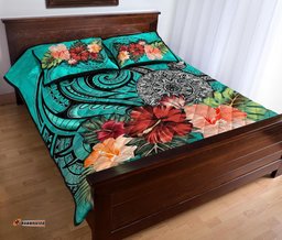 Turtle Polynesian Quilt Bed Set Hibiscus Polynesian Turquoise