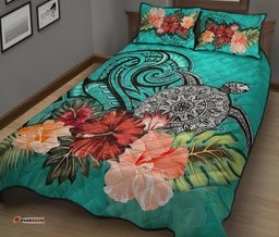 Turtle Polynesian Quilt Bed Set Hibiscus Polynesian Turquoise