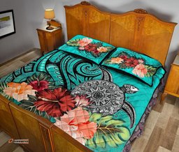 Turtle Polynesian Quilt Bed Set Hibiscus Polynesian Turquoise