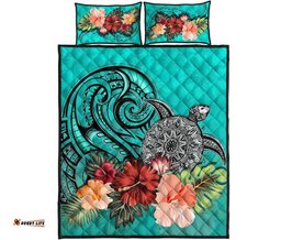 Turtle Polynesian Quilt Bed Set Hibiscus Polynesian Turquoise
